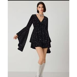 Witchy Velvet V-Neck Silver Star Pattern Bell Sleeve Dress
